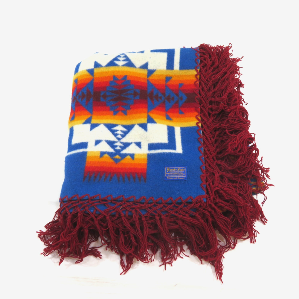 Beaver State Pendleton Fringed Wool Blanket Southwest Beige Blue Red 69x65